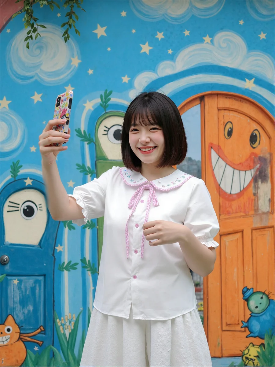 ملابس خارجية نسائية قمصان بيضاء قمصان قصيرة مضيئة نصف كم فانوس طباعة غير رسمية جماليات أزرار أمامية ملابس خروج بقصة ضيقة #5