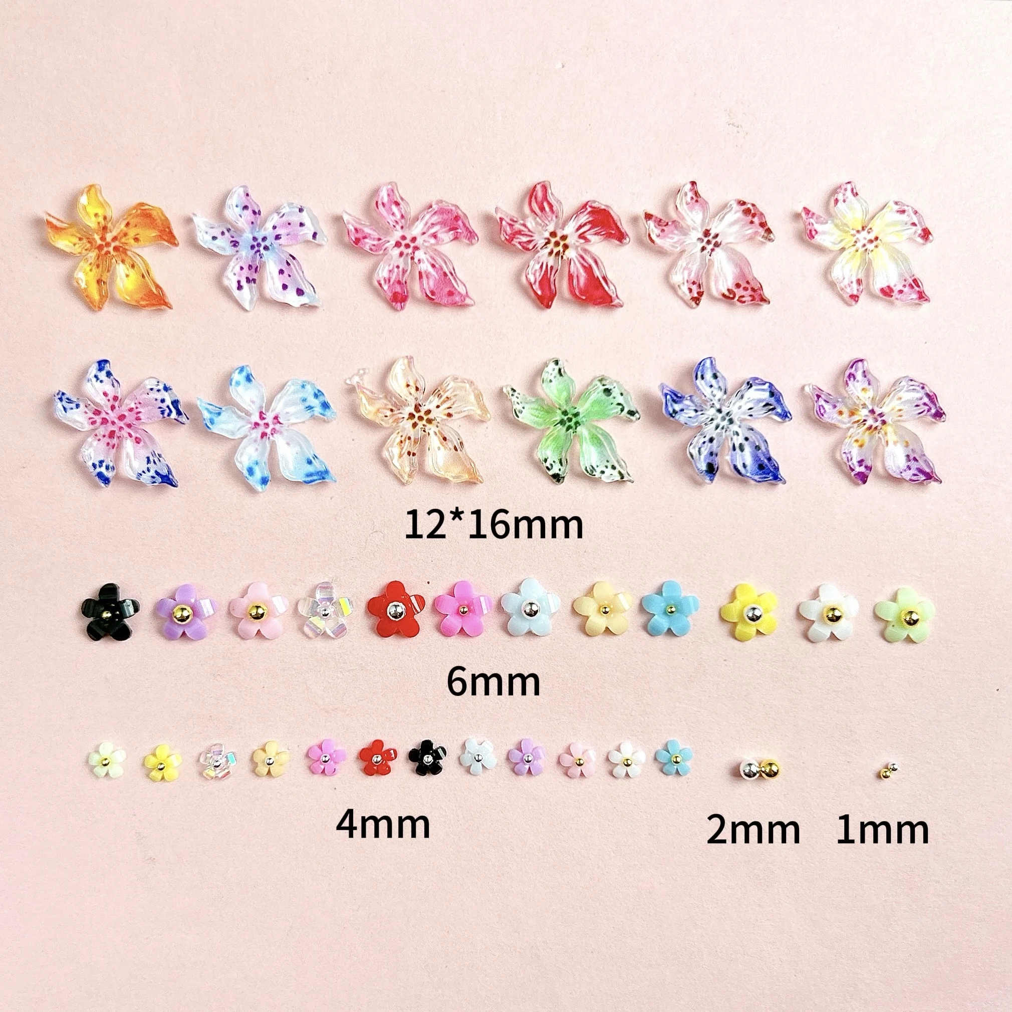 1Box Mini Colorful Petal Simulated Half Round Pearl Resin Nail Charms Cute Five-Petal Flower Steel Bead Nails Art Decoration DIY