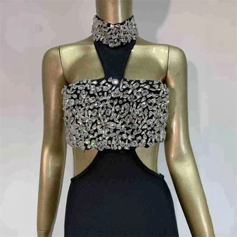 女性ブラックホルタークリスタル背中の開いたカットアウトロング包帯ドレス誕生日セレブイブニングクラブパーティーワンピースガラドレス