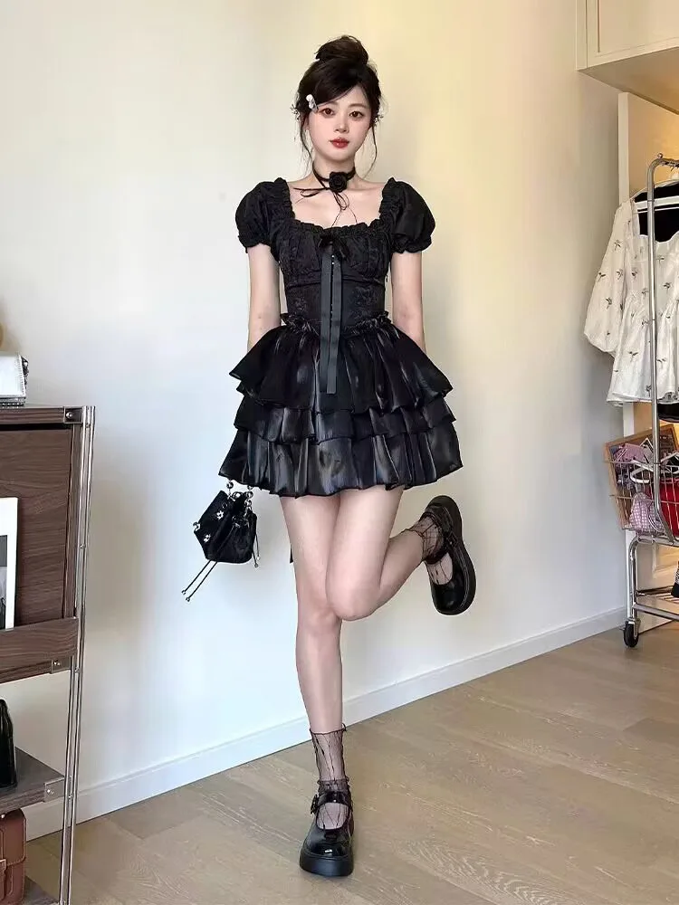 Women Black Kawaii Lolita Dress French Elegant Korean Birthday Dress Lace Up Square Collar Ball Gown Puff Sleeve 2000s Aesthetic