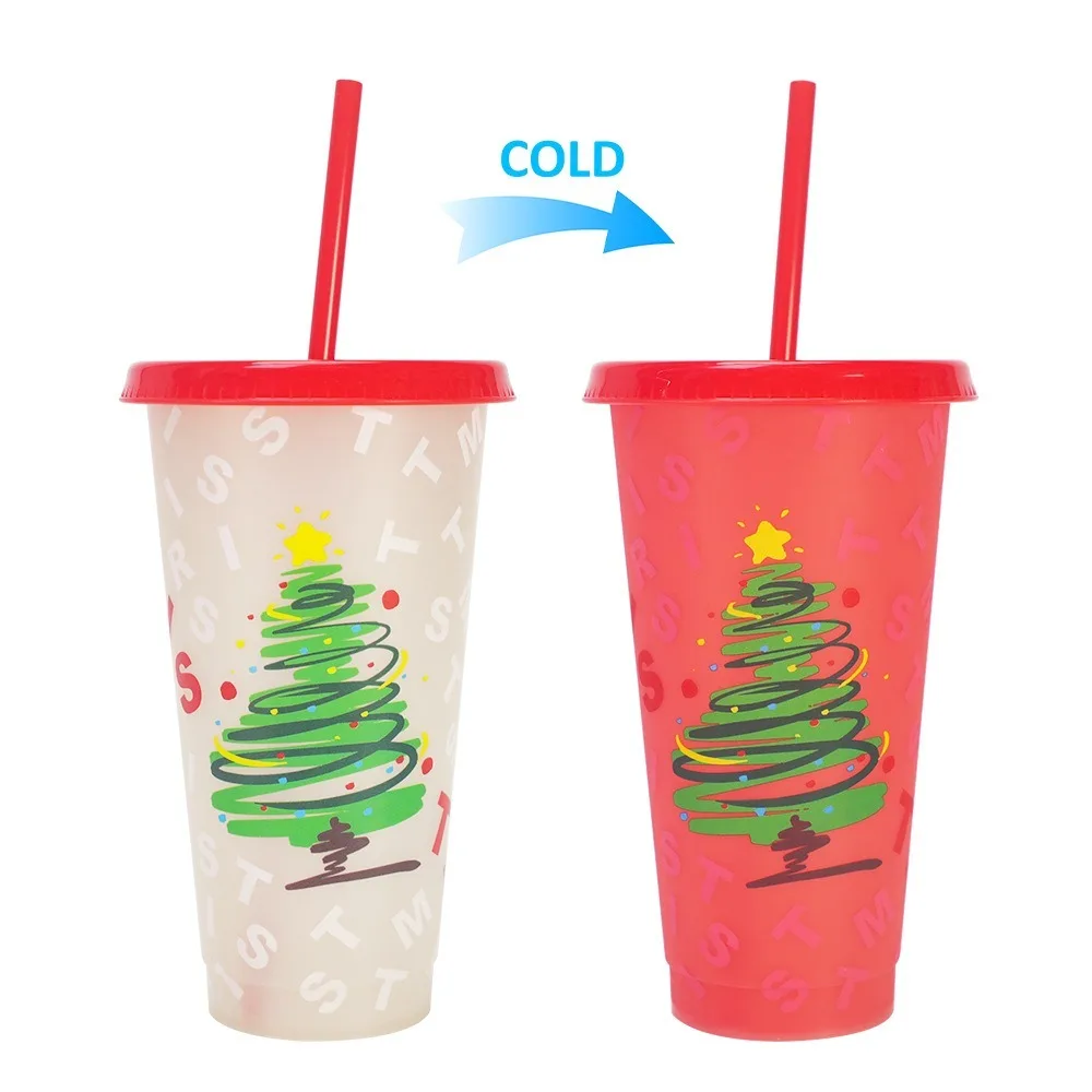 24oz Capacity Color Changing Cup With Lids Plastic Material Iced Coffee Cup Changing Colour With Straws Cold Drink Cup