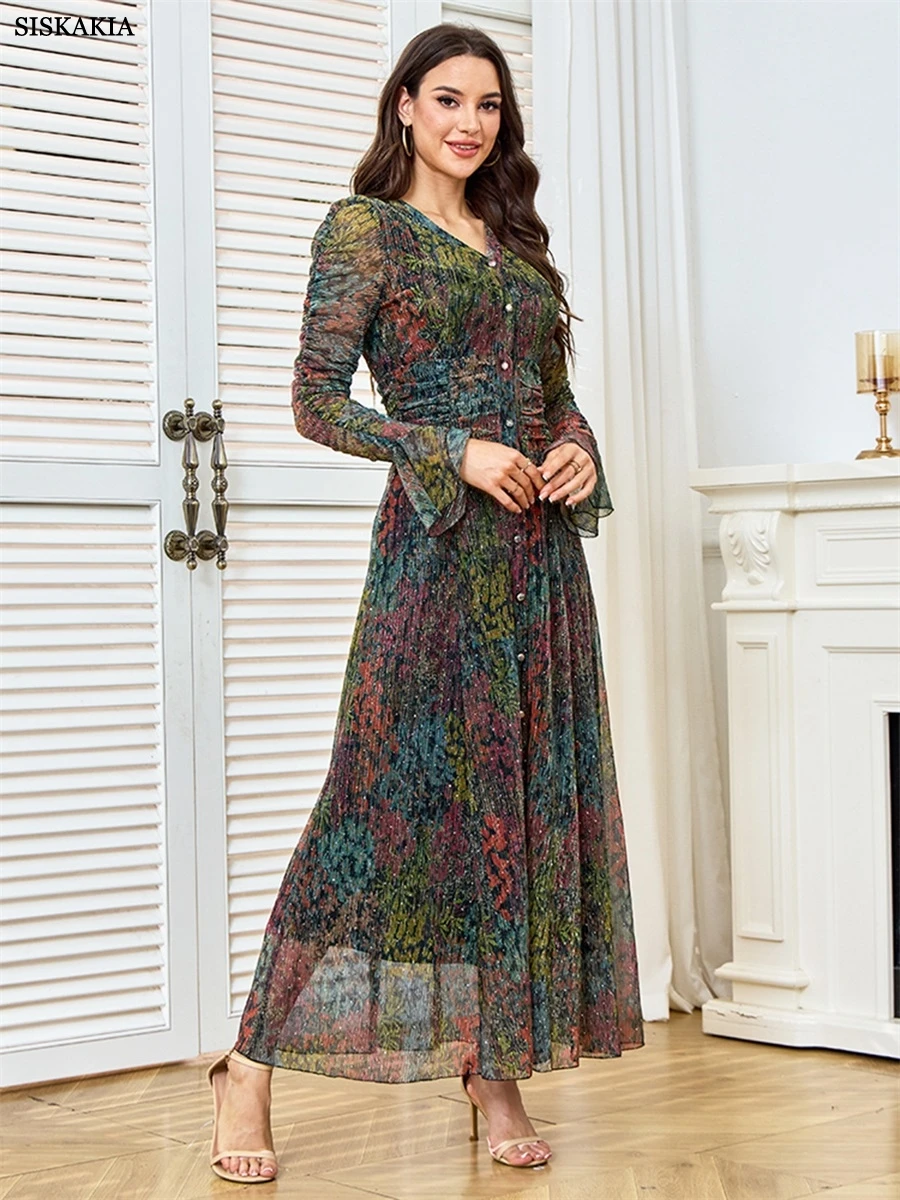 

Siskakia Muslim Rhinestone Beaded Waist Dress Dubai V-Neck Floral Print Abayas Mesh Sleeve Robe Femme Musulmane