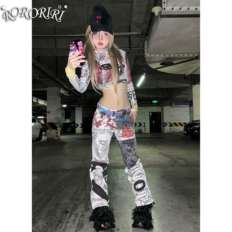 

RORORIRI Y2k Мешковатые джинсы с принтом граффити для женщин, джинсовый узор с высокой талией, широкие прямые брюки, винтажная уличная одежда в стиле панк