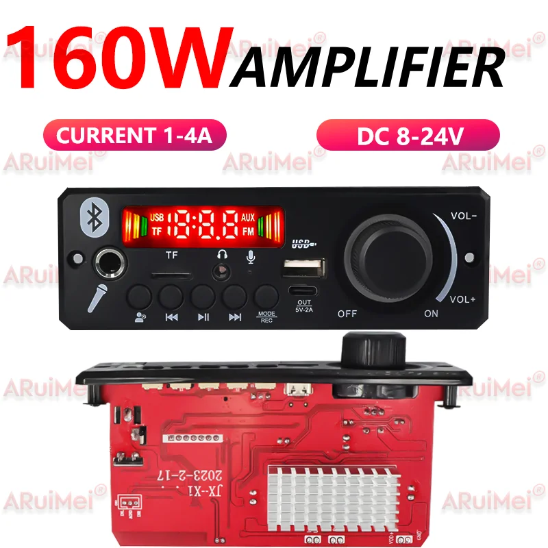 ARuiMei 160W 2 * 80W Amplifier Board Bluetooth 5.0 MP3 Decoder USB/TF/FM Car Stereo 8-24V Call Recording Folder Switching