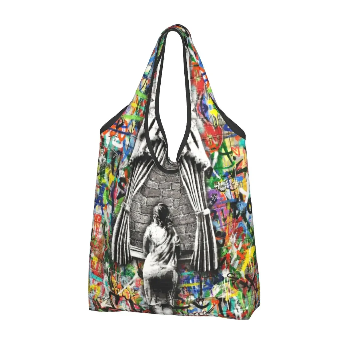 Large Reusable Banksy Street Graffiti Grocery Bag Recycle Spray Paint Social Commentary Shopping Eco Bag Washable Fits in Pocket