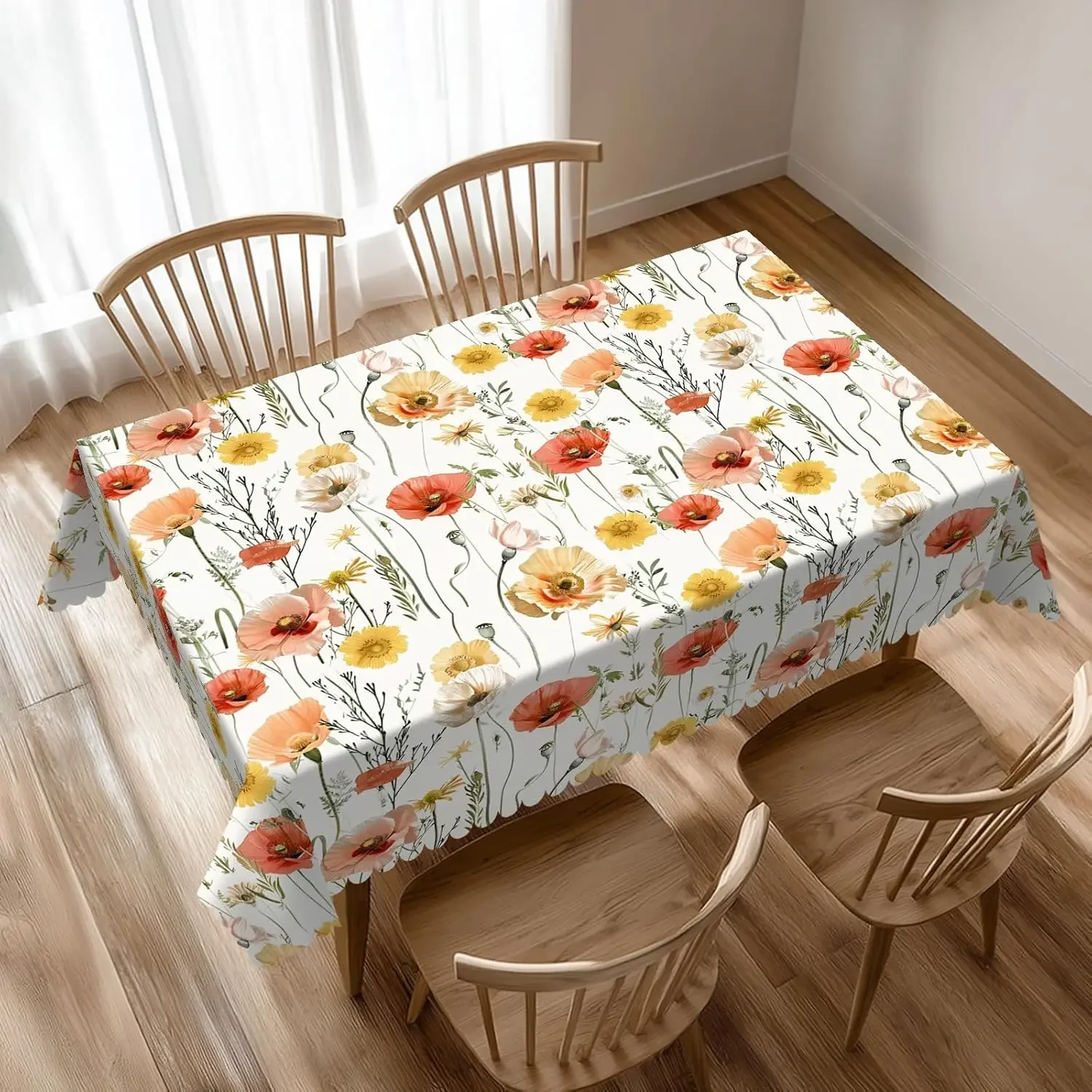 Nappe florale vibrante à motifs de marguerites, réutilisable, motif de fleurs sauvages rouges et jaunes, style bohème, pour cuisine et fêtes