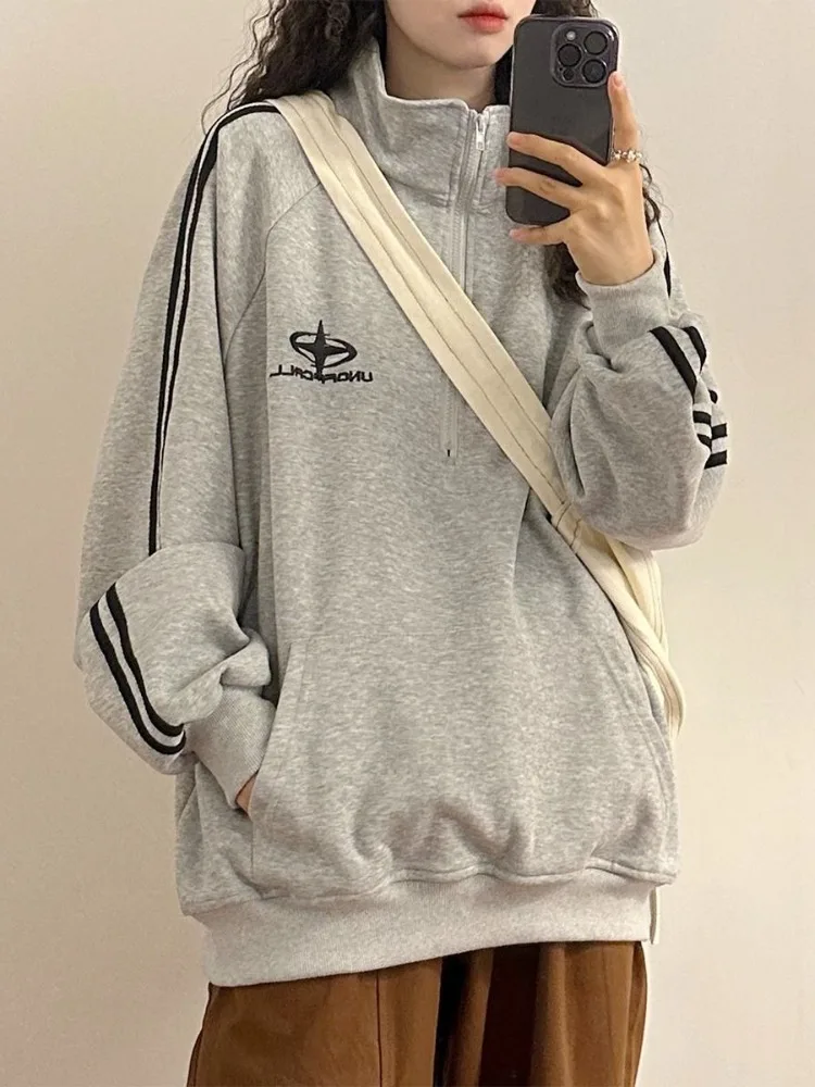 HOUZHOU-sudaderas con capucha Harajuku para mujer, jersey de Polo gris Vintage Y2K con letras bordadas, sudaderas de gran tamaño a rayas, Tops de