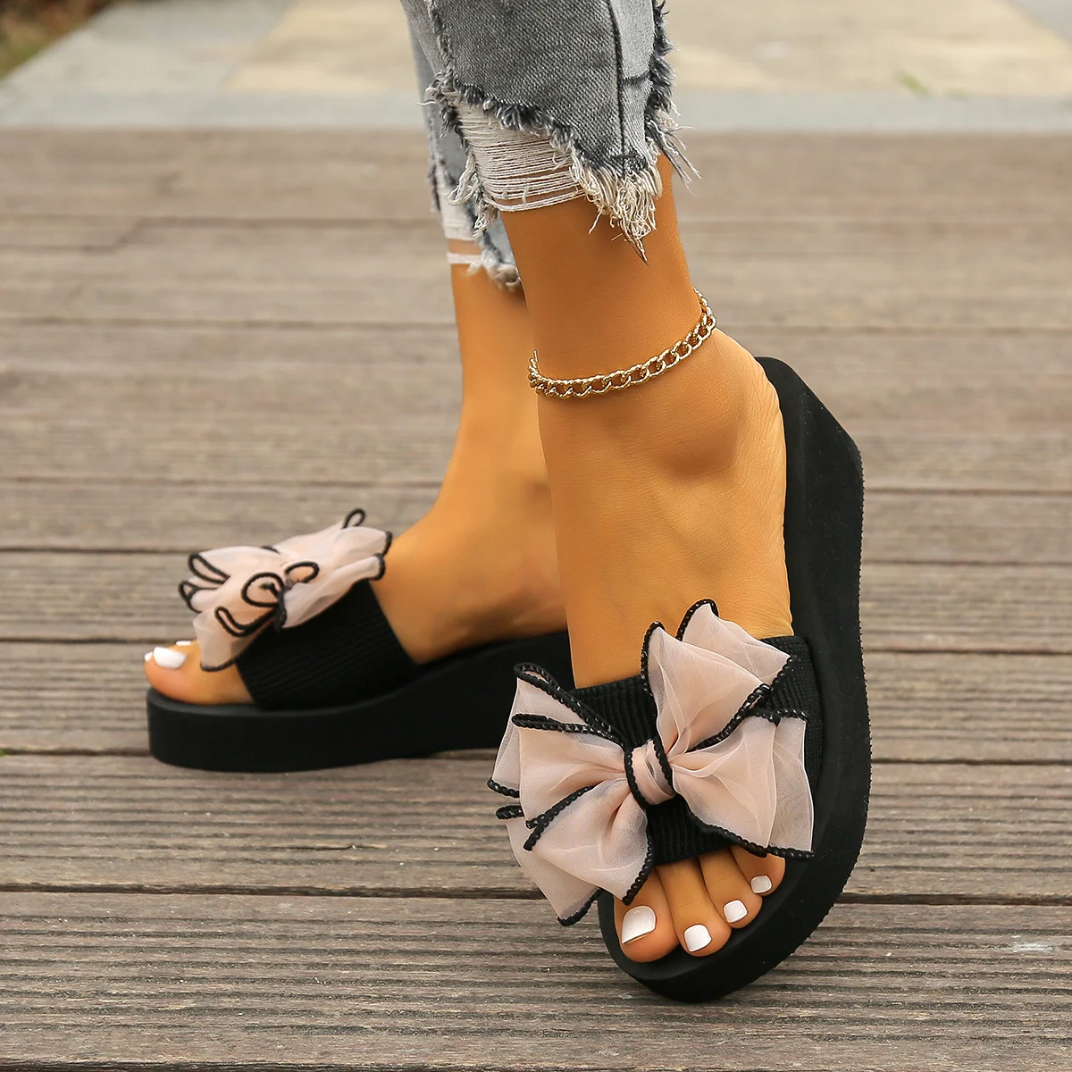 Sommersandalen für Damen, Hausschuhe mit Schleifenknoten, Flip-Flops mit hohem Absatz, modische Keilabsatz-Strandschuhe mit dicker Sohle für den Außenbereich am Strand – Detail 5