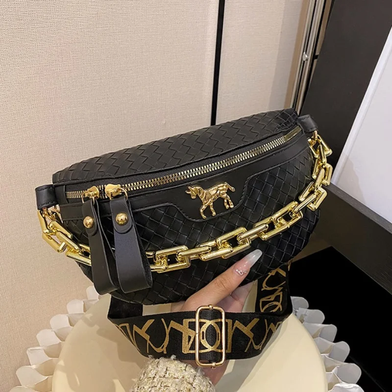 Stylish Braid PU Leather Fanny Pack For Women Luxury Thick Chain Waist Bag Trendy Applique Waist Pack Female Crossbody Chest Bag