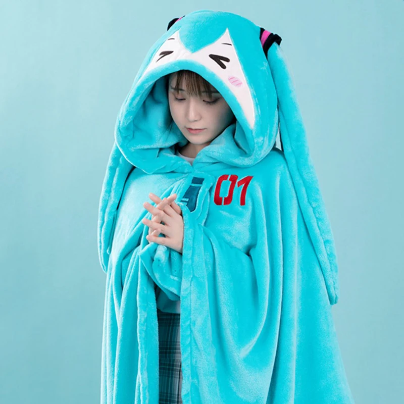 Anime Hatsune Miku Cosplay Blanket Cloak Hoodie Flannel 2in1 Pillow Blanket Vocaloid Costume Soft Warm Shawl Sofa Children Toy