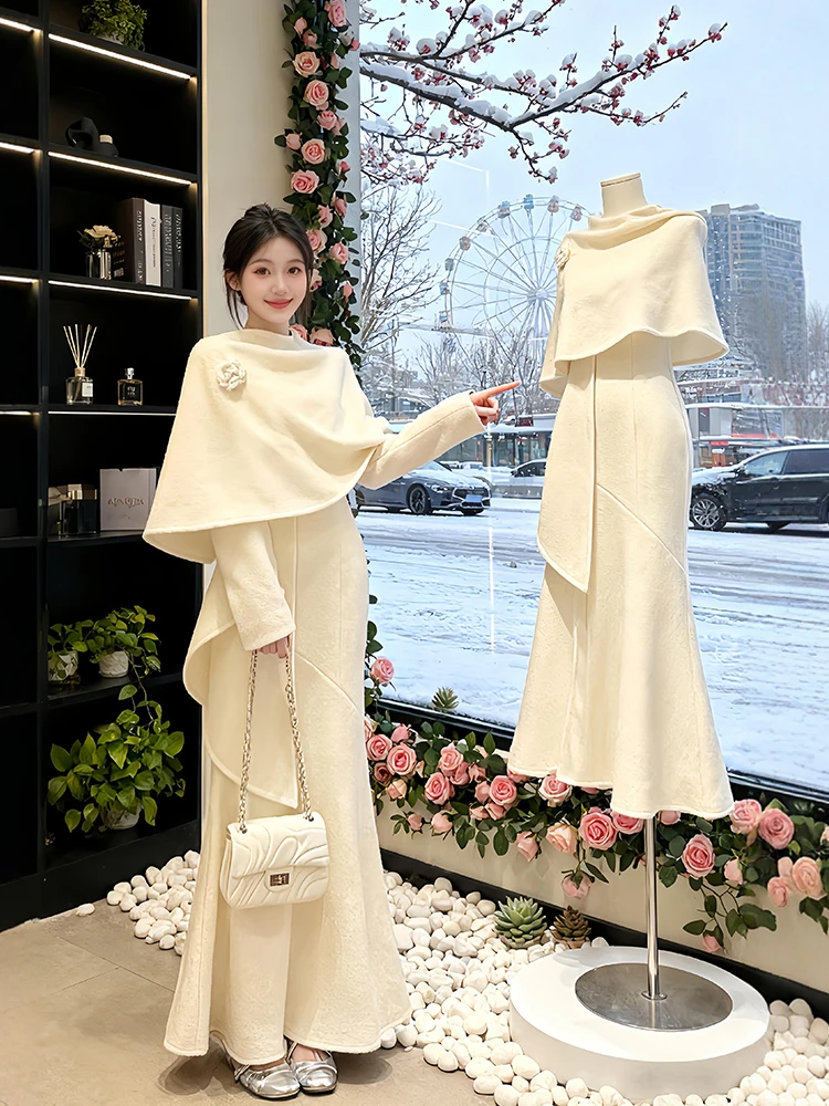 

2026 Winter Faion plus Size Women's Set with Cowl Ne Poncho oulder Wrap Base Dr Korean Sle Warm Polyester Skirt