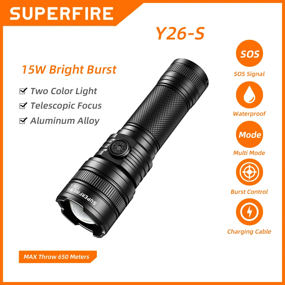 

SUPERFIRE Y26-S Portable Yellow/White Flashlight Powerful TYPE C Rechargeable Zoomable LED Torch 600M Long Range Camping Lantern