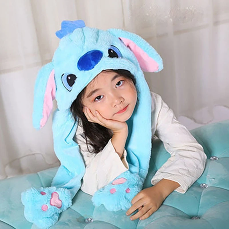 Kawaii Disney Stitch Moving Ears Cap Glowing Plush Ear Moving Jumping Rabbit LED Plush Hat Student Winter Warm Hats Girls Gifts