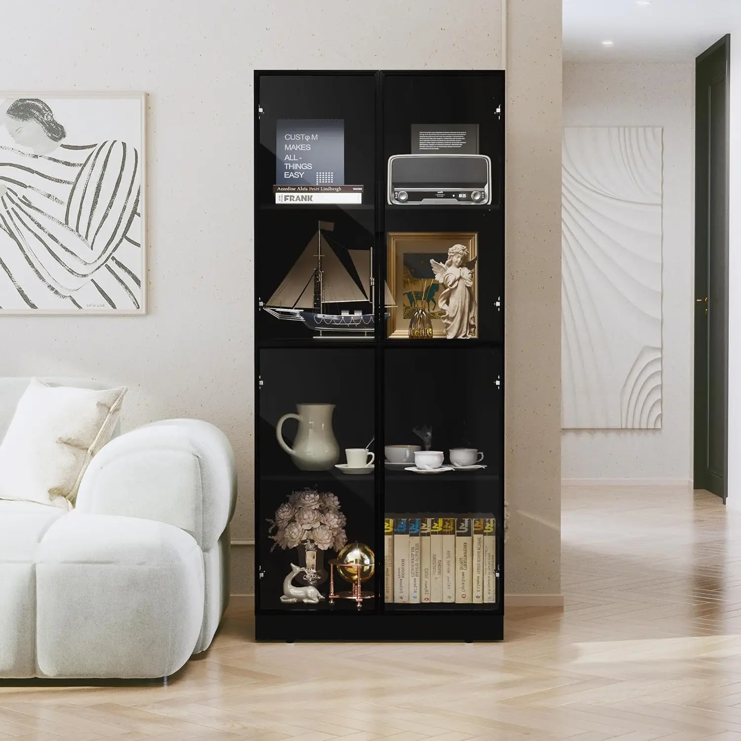 

Display Cabinet with Glass Doors, Tall Storage Cupboard, Freestanding Curio Display Cabinet with 4-Tier Storage Shelves for