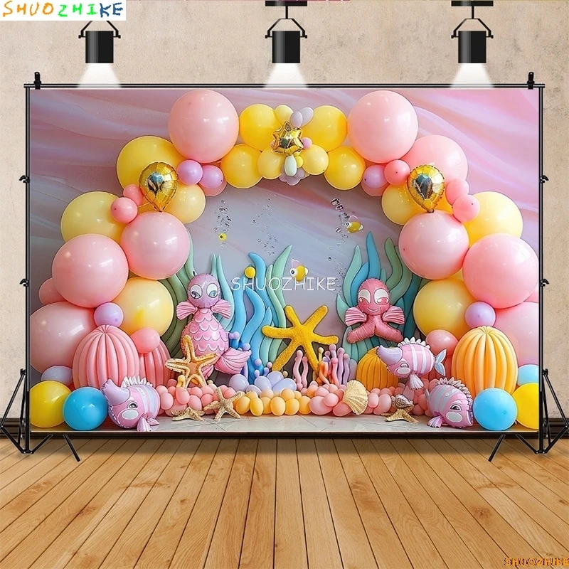 Fondali fotografia sirena spiaggia scena stella marina decorazioni di buon compleanno palloncini corona festa studio fotografico sfondo DF-02