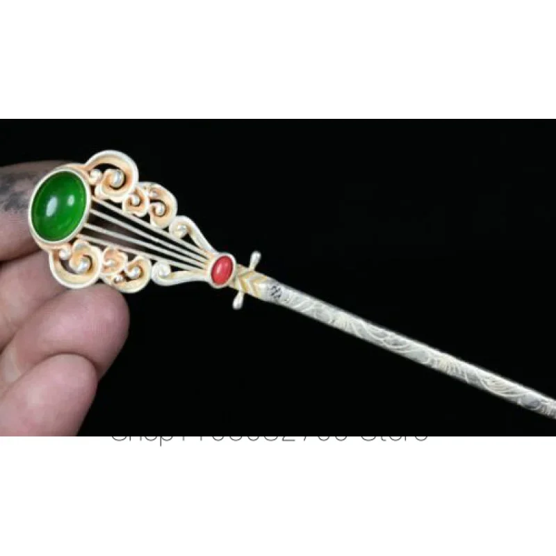 6.4 Inch Old-Fashioned Chinese Silver Inlaid Gemstone Feng Shui Flower Beautiful Female Barrettes