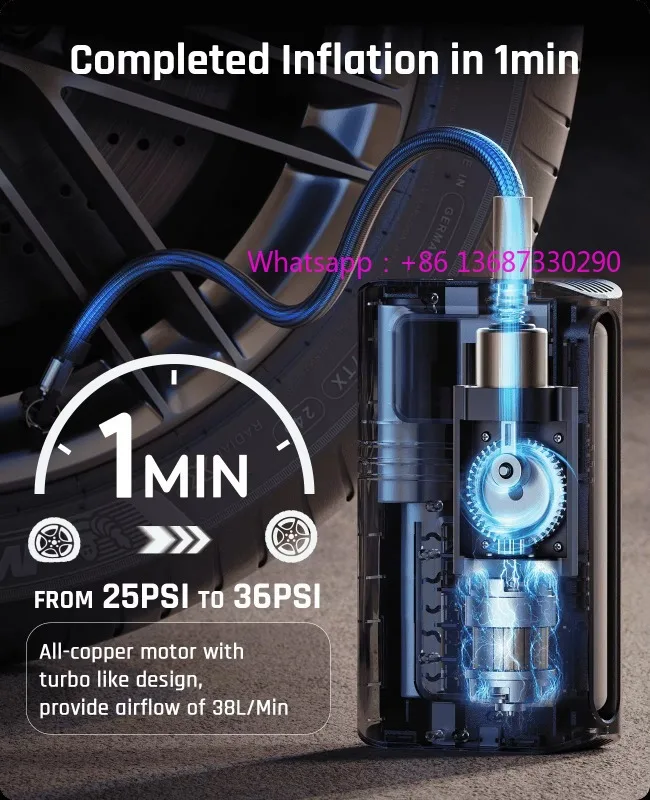

Wired and w-ireless 2In1, with 6000mAh battery, tire inflator, air c-ompressor, small 12V Dc air pump