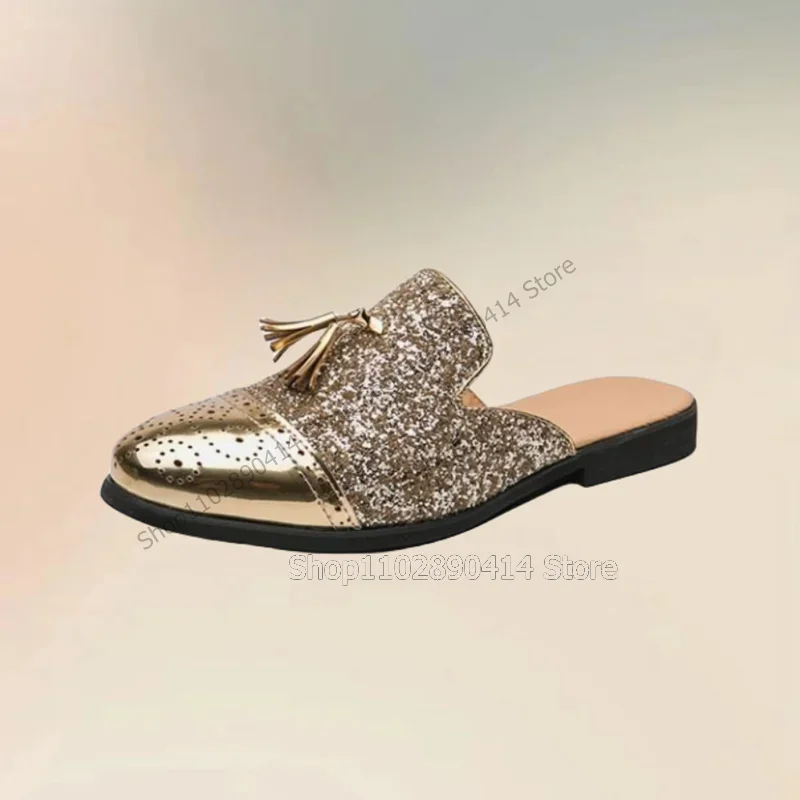 

Gold Sequins Tassels Decor Carving Design Men Slippers Fashion Slip On Men Shoes Luxury Handmade Party Banquet Men Casual Shoes