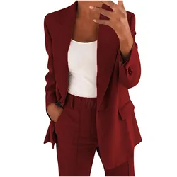 Completo da sarto da donna completo da sesso rosso Elegante Blazer con scollo a v e pantaloni a gamba larga Set Broek Plus Maat Twee Stuk Tailleur Femmes