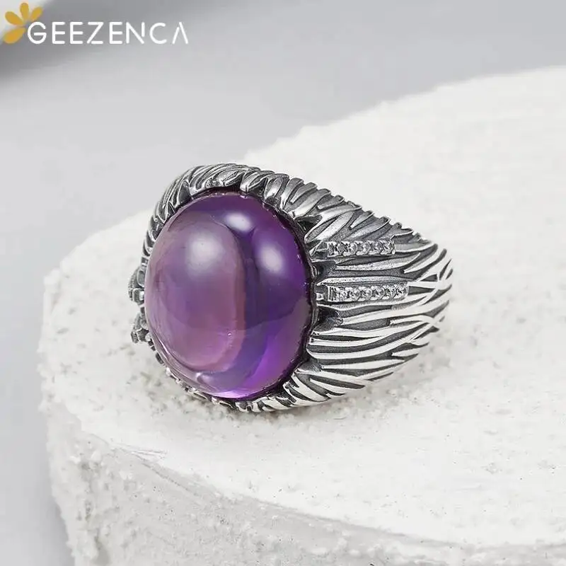 GEEZENCA Real 925 Silver Carved Line Oval Amethyst Women Statement Ring Personalized Trendy Luxury Chunky Open Rings Lover Gift