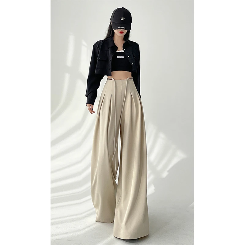 MEXZT Streetwear pantaloni a gamba larga donna pantaloni neri coreani a vita alta moda estiva pantaloni dritti con lacci eleganti novità