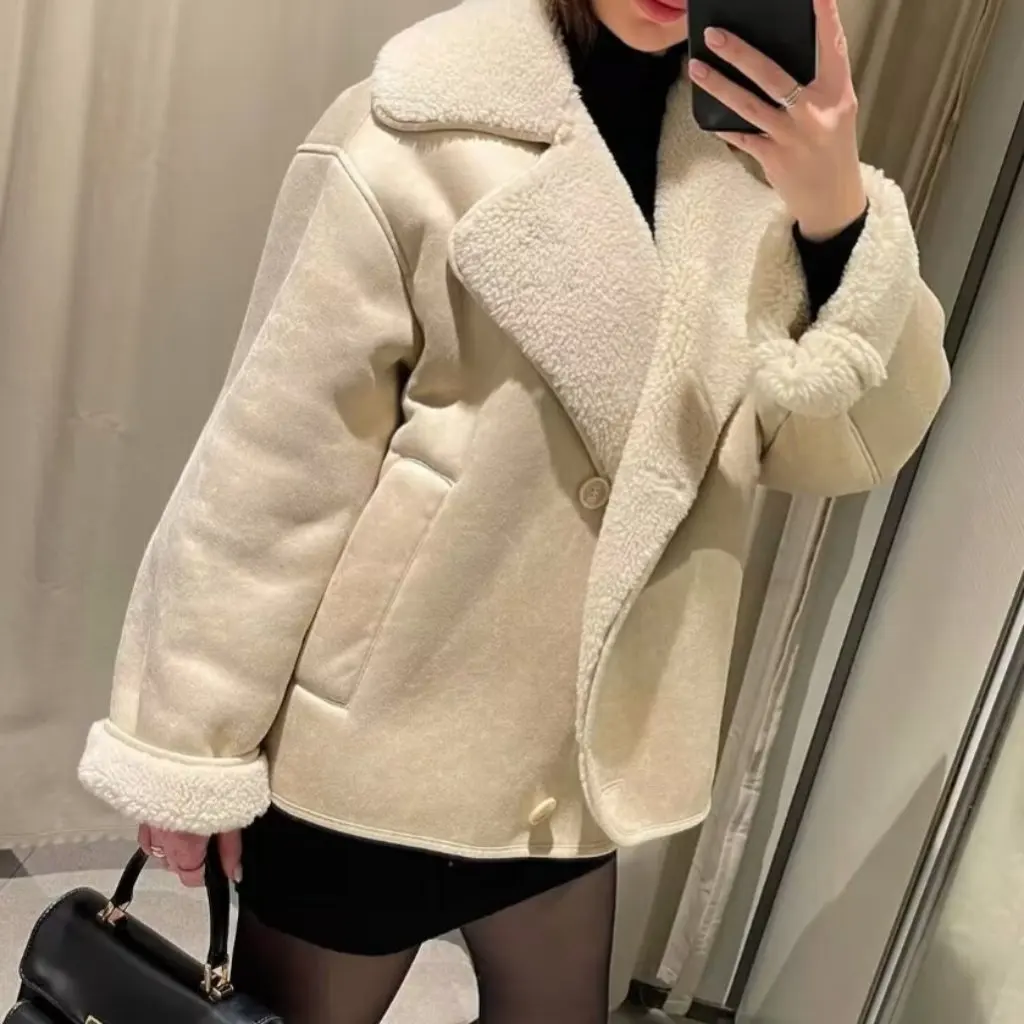 

Women's Suede Fleece-Lined Lapel Coat Warm Autumn Winter Outerwear European American Style A14063
