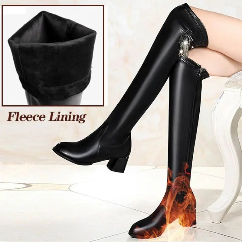 Women's Skinny Boots Autumn Long-tube Stretch Winter Over-the-knee Fleece Lining Stretch Boots Long Leather Boots