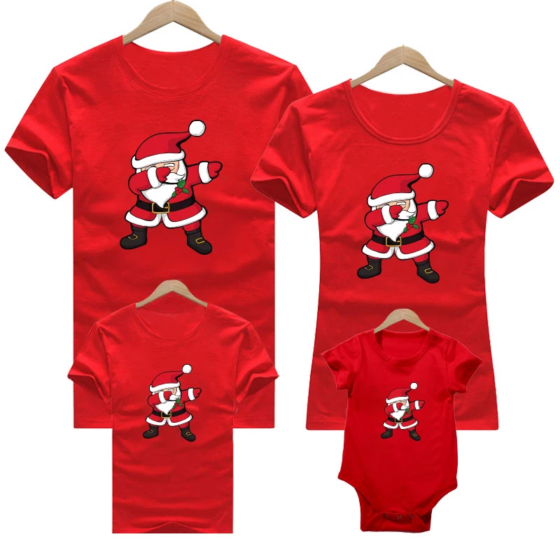 2023 Family Clothing Set Christmas Matching Clothes Mother Daughter Short Sleeve T-Shirts Red Christmas Santa Mother Kids Tops