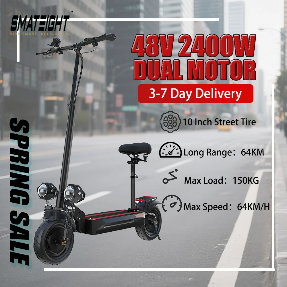 

Adult Electric Scooter X500 10Inch Street Tire Foldable 48V 2400W Dual Motor with LCD Display for City Commute with Disc Brake