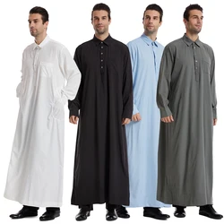 Moslim Mannen Lange Mouwen Turn-Down Kraag Effen Kleur Knoop Gewaad Arabische Volwassen Enkellengte Thobe Ramadan Eid Kleding