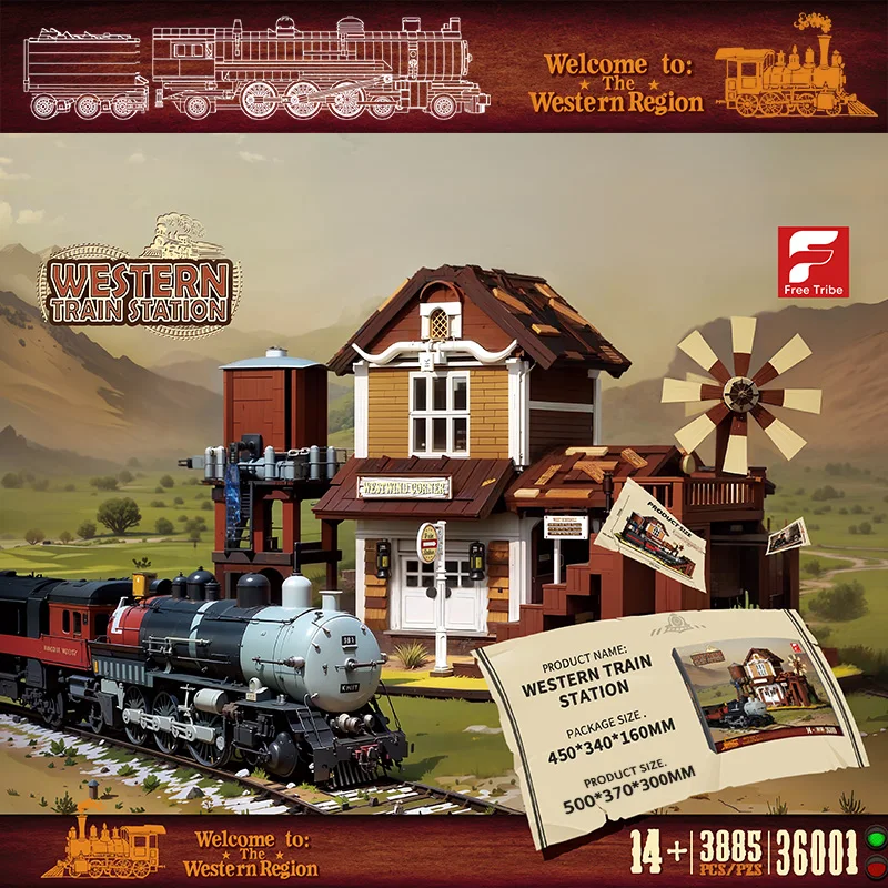 3885 pçs estação ferroviária ocidental blocos de construção trem a vapor cidade vista rua modelo tijolos crianças brinquedos educativos diy presente do feriado