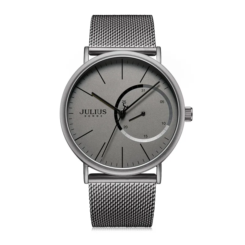 4 Colors Auto Date Men\'s Watch Japan Quartz Man Hours Fine Fashion Stainless Steel Bracelet Boy\'s Gift Julius Box 119