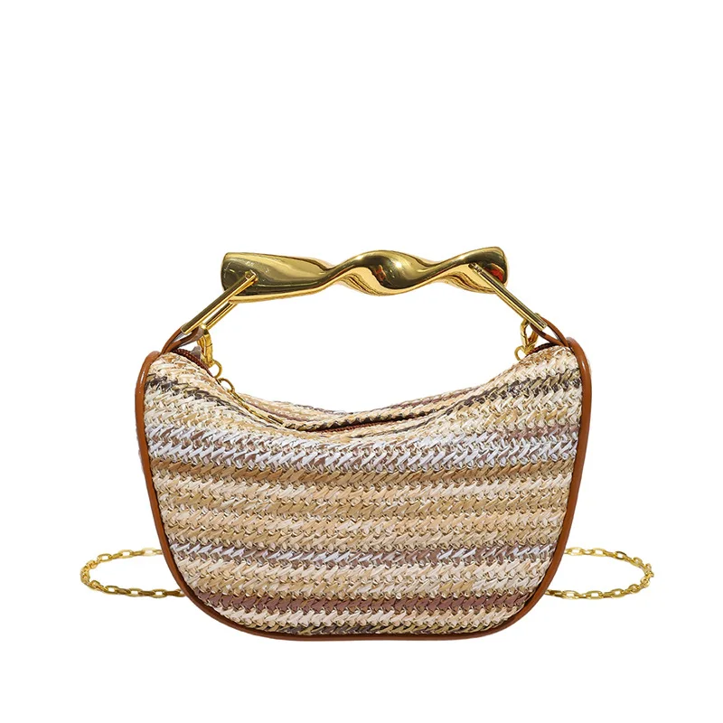 2025 arc-en-ciel paille tissé or poignée en métal sac à main marque concepteur femmes pochette sac à main de luxe tissé à la main bandoulière sac à bandoulière