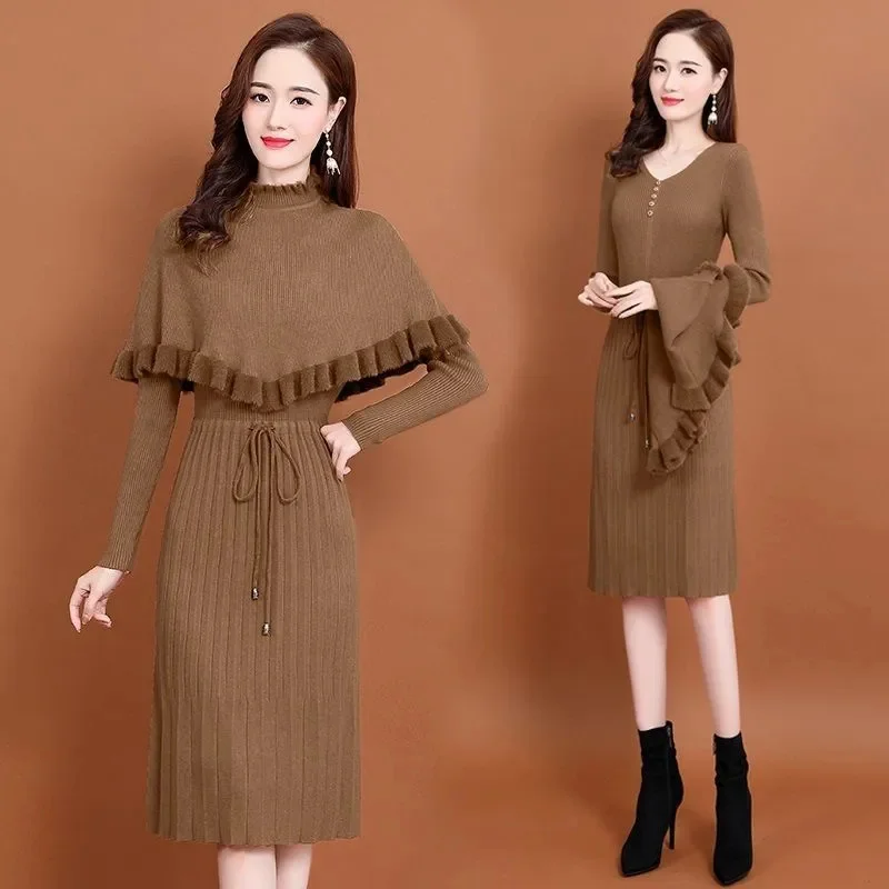 Thời Trang Mới 2021 Nữ Thu Đông Dài Áo Len Đầm Áo Thun Ấm Dệt Kim Chui Đầu Đầm + Áo Len Áo Vest 2 Miếng Bộ