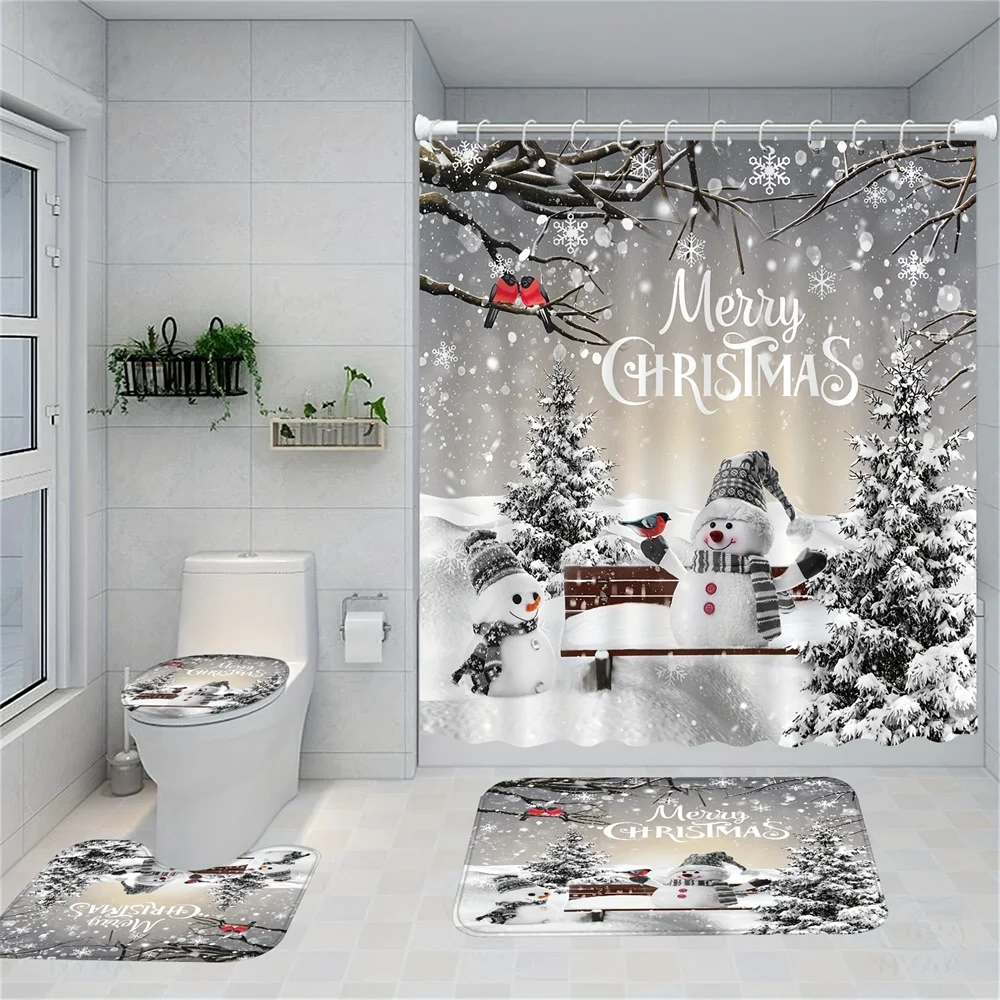 Modern bathroom shower curtain Waterproof family carpet Christmas 4-piece toilet seat cover Carpet bathroom non-slip floor mat