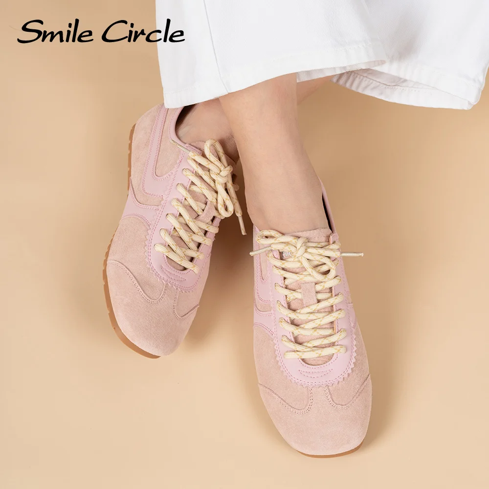 Smile Circle รองเท้าผ้าใบผู้หญิงหนังนิ่มหนังรอบนิ้วเท้ารองเท้าแบนแฟชั่นรองเท้าผ้าใบลําลอง