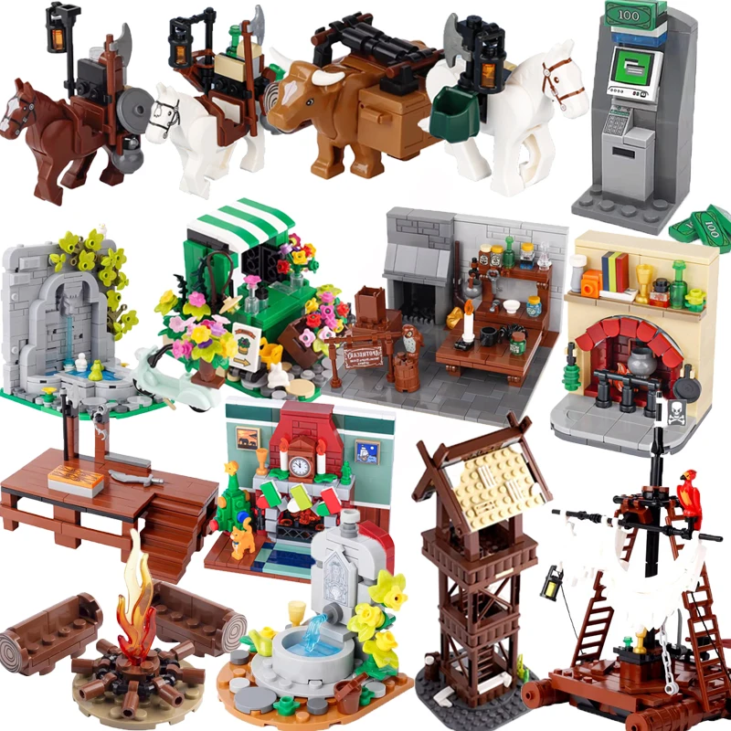 

Building Blocks Solider Figures Toys Gifts Medieval Knight Tent Transport Horses Pool Cage Campfire Sentry Post Bar Counter MOC