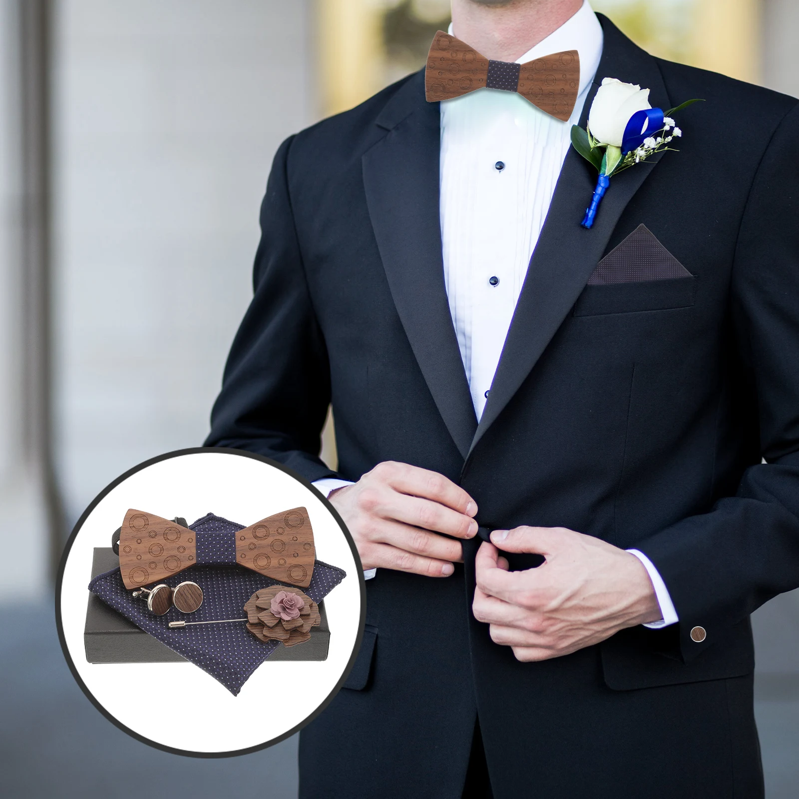 

1 set 1 Set Wooden Bow Tie Handkerchief Set For Men Groom Wedding Accessories Formal Suit Cufflinks Lapel Pins Mens Bowties Wood