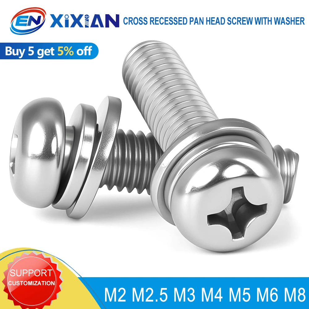 Cross Round Head Three Sem Screws with Washer 304 Stainless Steel Three-Combination Screw Furniture Parts M2 M2.5 M3 M4 M5 M6 M8