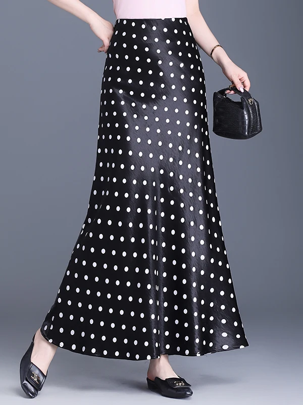 2025 Summer Black Polka Dot Satin Fishtail Skirt korean fashion formal OL Office Maxi Ladies Skirts