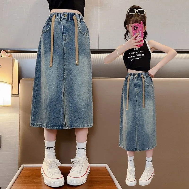 Girls' Denim Skirt 2025 Spring Kids' Mid Length Chic Boho Half Skirt Kids Clothing