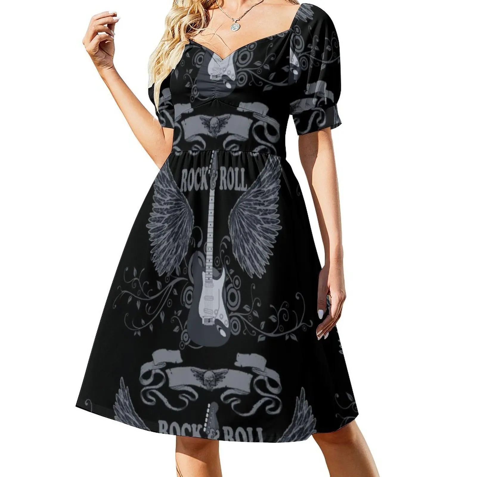 فستان روك أند رول بوهيمي بدون أكمام متعدد الطباعة لحفلات العطلات على الشاطئ فستان ن رول موسيقى آند رول جيتار فاسق ريترو أنثى #2