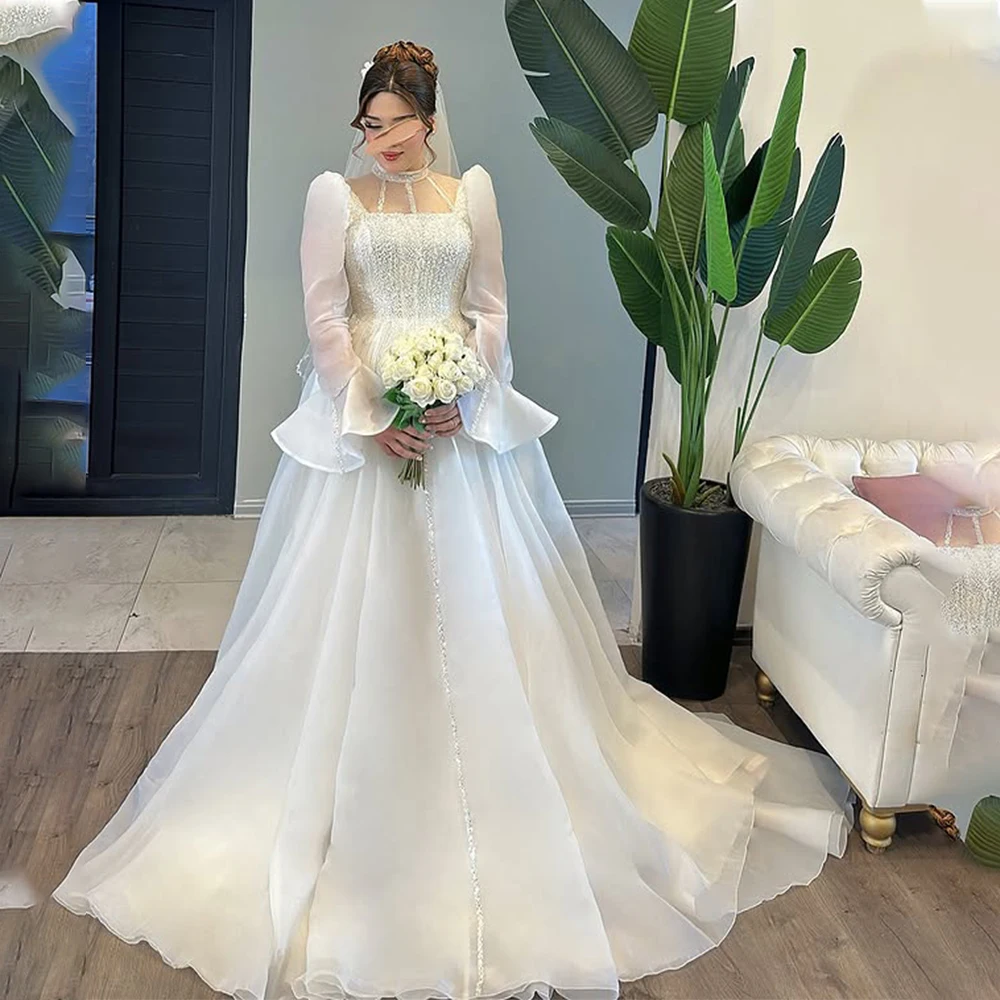 

Exquisite High Neck Full Sleeves Beaded Sequined Organza A Line Wedding Dresses Custom Made 2025 Vestido De Noival
