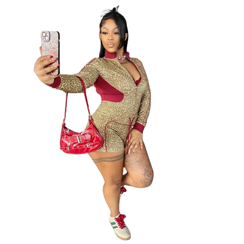 เสือดาวพิมพ์ผู้หญิง 2 ชิ้นชุดแขนยาวซิป Fly เสื้อ Skinny BIKER กางเกงขาสั้นชุดจับคู่ 2025 ฟิตเนส ...