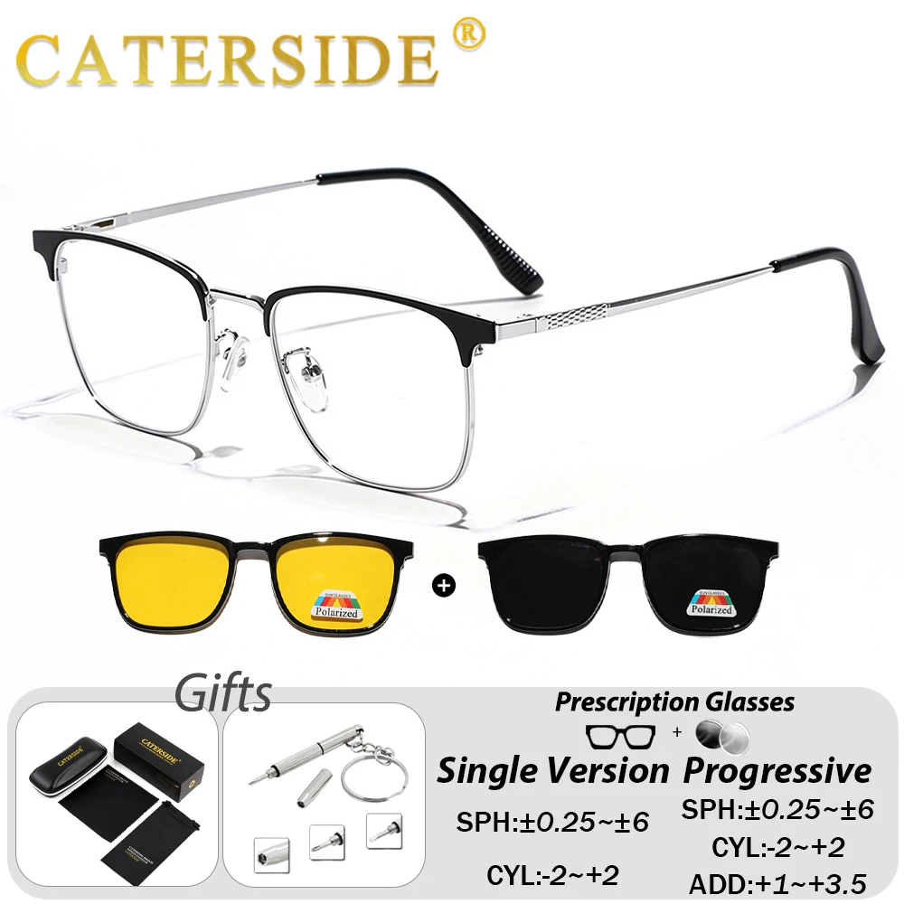 CATERSIDE Men Prescription Glasses 2-In-1 Tr Polarized Magnetic Sunglasses Customized Square Lenses Women Prescription Glasses