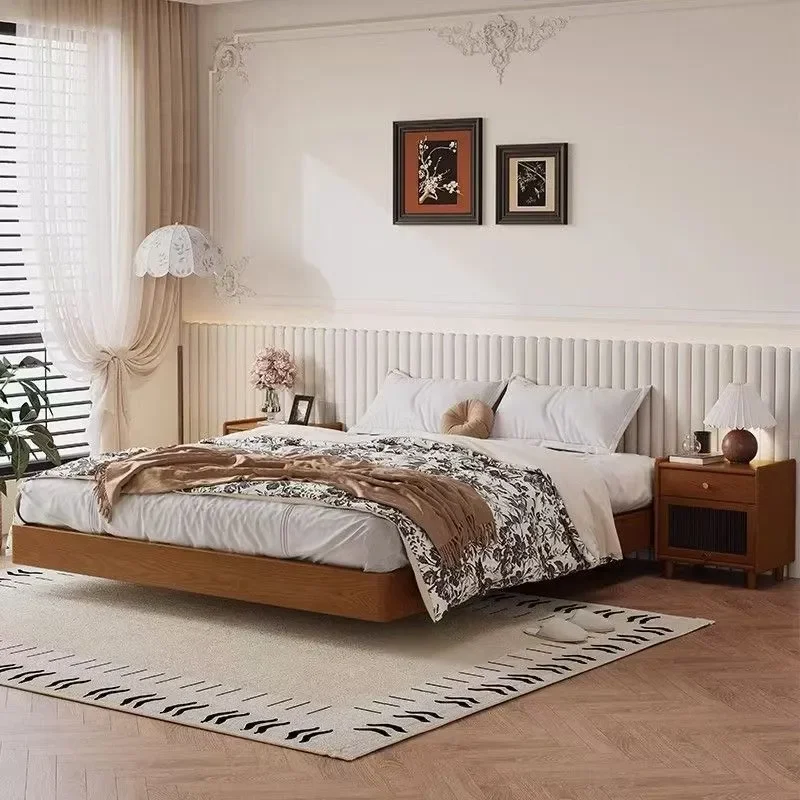Nordic Japanese Style 1.5m All Solid Wood Tatami Floor to Ceiling Bed Without Headboard Encrypted Slat Suspended Frame for