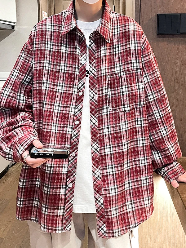 

Мужская свободная повседневная рубашка в клетку, винтажная, ретро, весенне-осенняя, модная верхняя одежда из дышащего смешанного полиэстера и хлопка