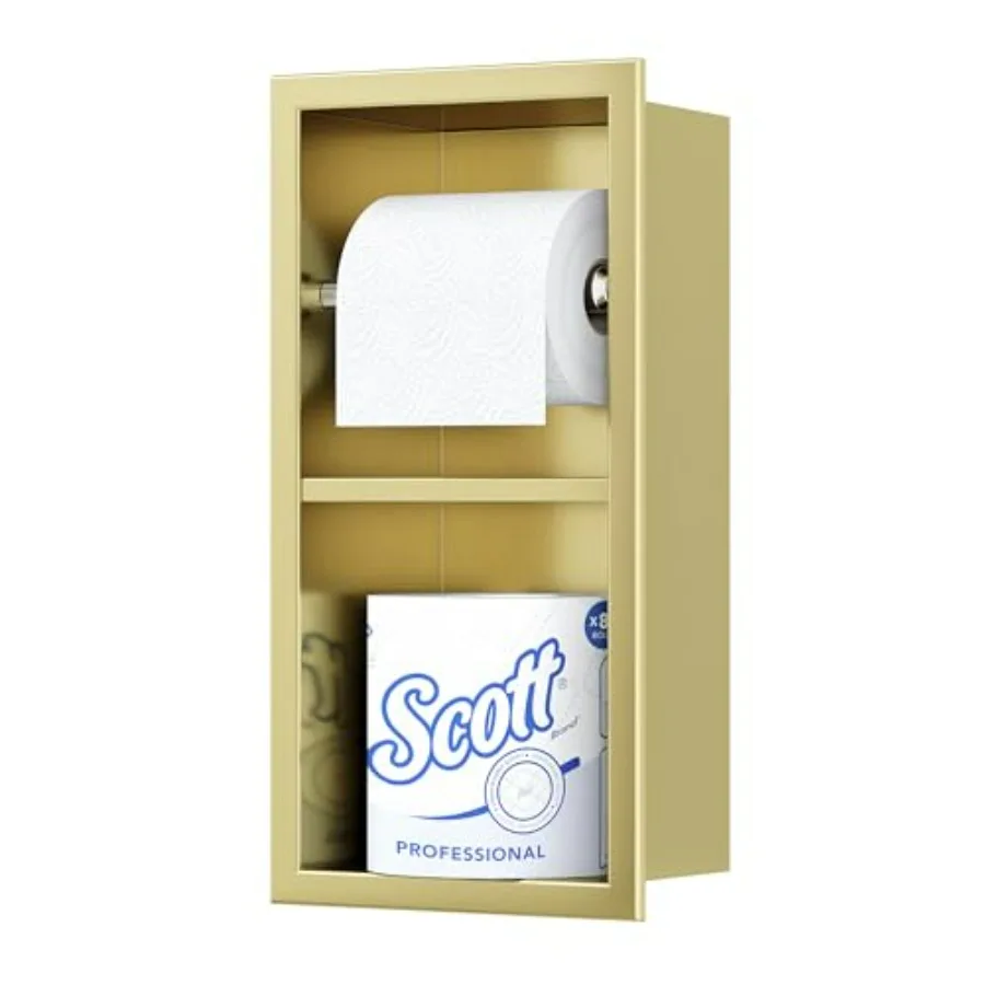 

Contemporary hotel-style wall-mounted toilet paper holder for double rolls, stainless steel recessed tissue holder in gold fini