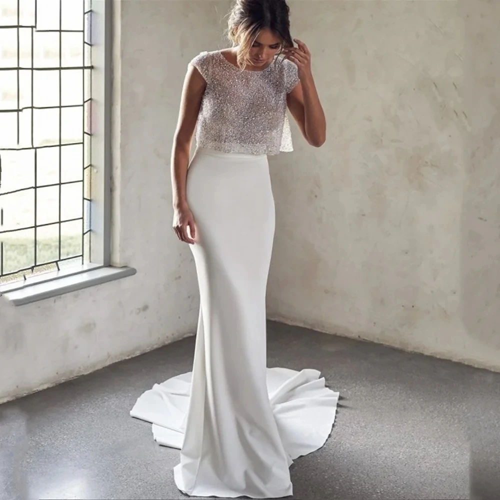 

Elegant Two pcs Mermaid Wedding Dress 2025 Scoop Backless Sequins Top Satin Mermaid Bridal Dress Bride Gown vestidos de noiva