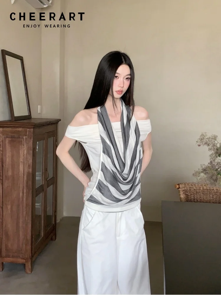 

Женские футболки с открытыми плечами CHEERART Cowls, лето 2029, белый дизайнерский топ в стиле пэчворк, модные футболки с лямкой на шее, одежда